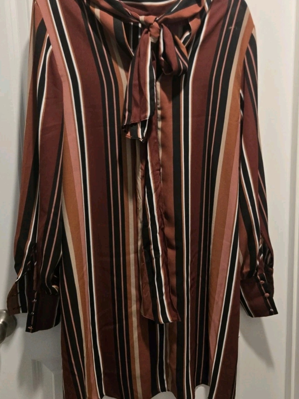 City Chic Striped Tie-Neck Long Sleeve Dress in Brown and Black